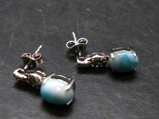 Natural Cabochon Larimar Pectolite 925 Sterling Silver Earrings from Dominican Republic - 2.66 Grams