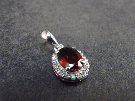 Genuine Red Garnet Almandine Gem with CZ Sterling Silver Pendant From India - 0.8" - 1.10 Grams