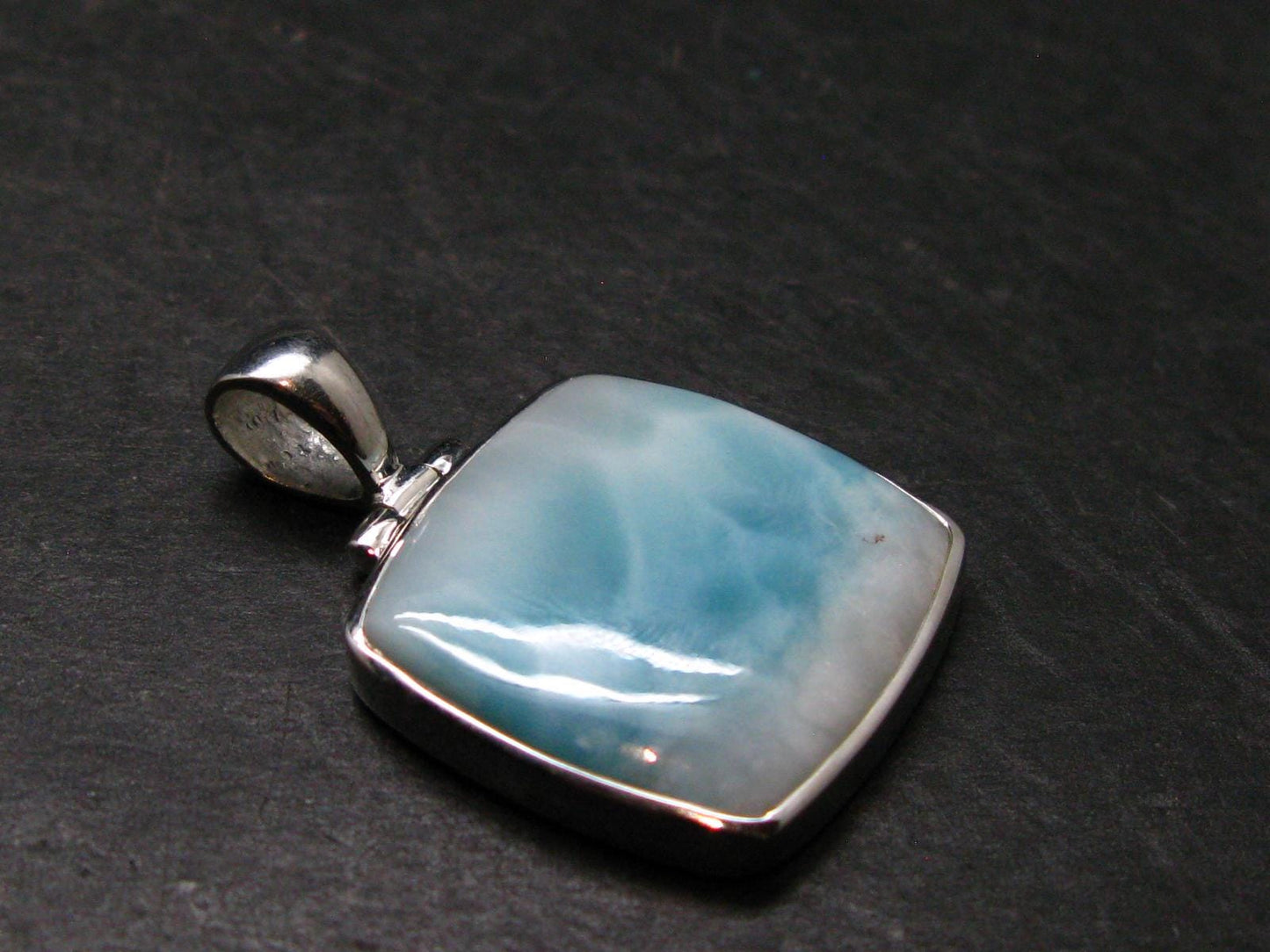 Summer’s Sea!! Rare Polished Cabochon Blue Larimar Pectolite Silver Pendant From Dominican Republic - 1.5" - 7.92 Grams