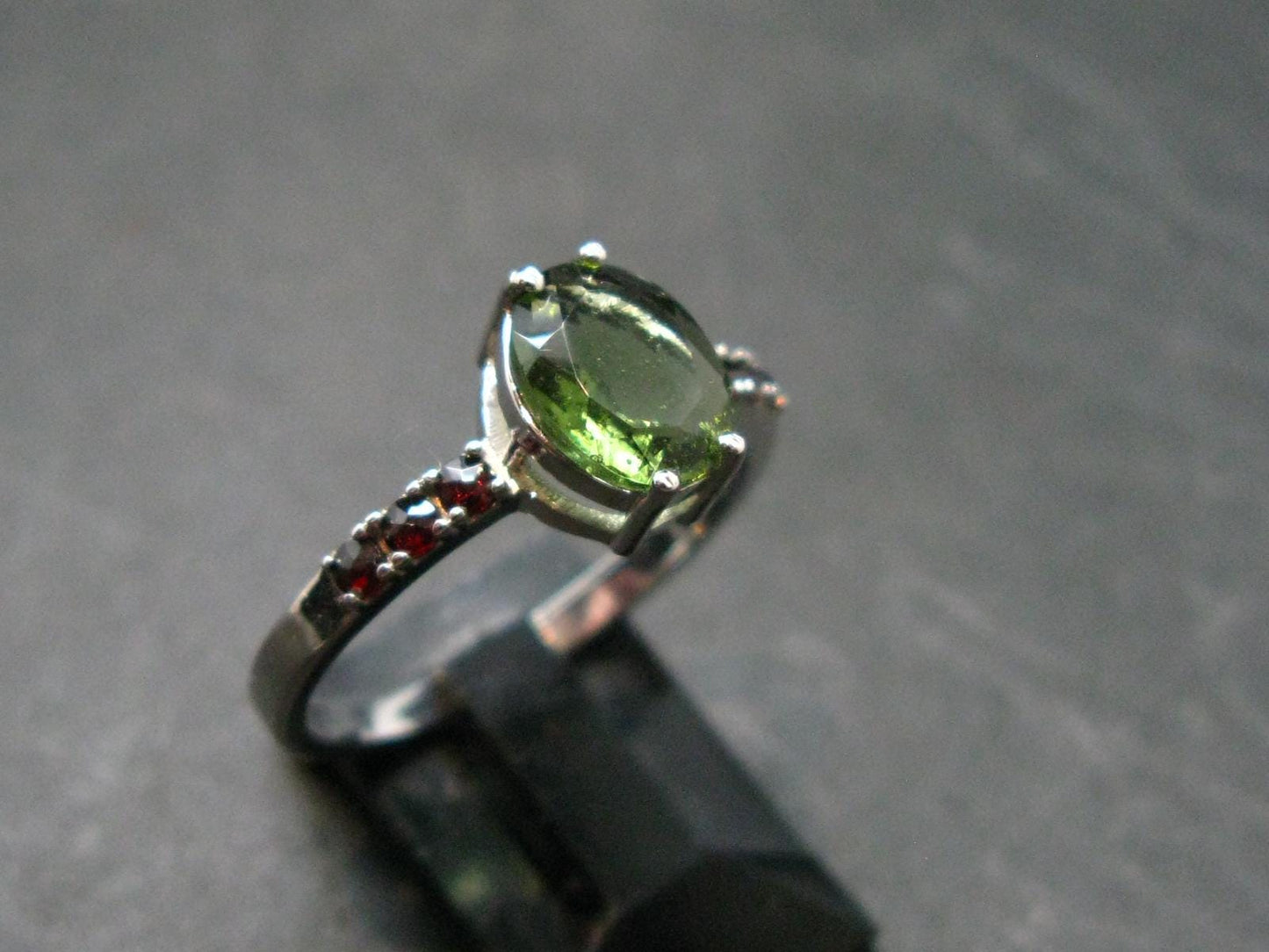 Moldavite Tektite and Red Garnet Silver Ring from Czech Republic - Size 9 - 2.53 Grams