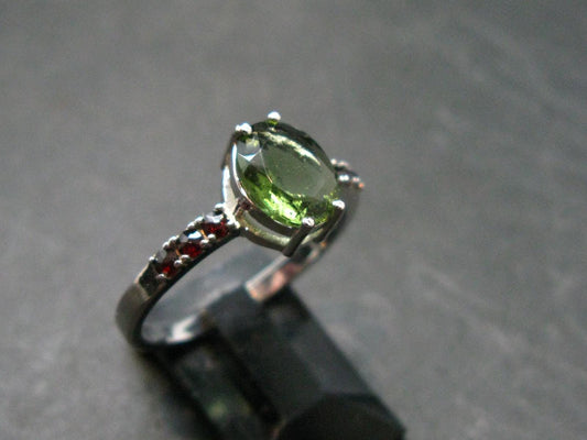 Moldavite Tektite and Red Garnet Silver Ring from Czech Republic - Size 9 - 2.53 Grams