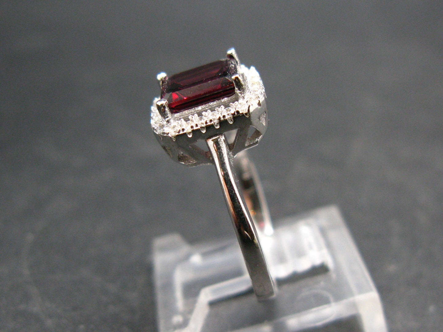 Natural Rectangular Faceted Red Garnet Rhodium Plated Sterling Silver Ring with CZ - Size 6.75