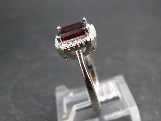 Natural Rectangular Faceted Red Garnet Rhodium Plated Sterling Silver Ring with CZ - Size 6.75