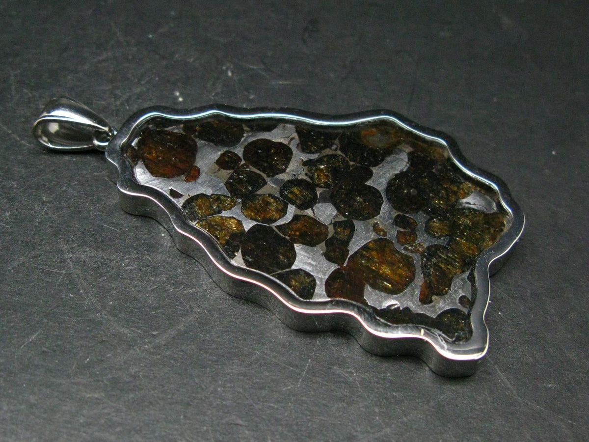 Brahin Meteorite Slice With Olivine Pallasite Pendant from Belarus - 1.4" - 21.54 Grams