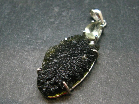 Raw Moldavite Tektite And Polished Libyan Tektite Silver Pendant - 2.2" - 9.10 Grams