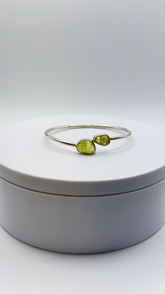 Chrysoberyl Raw Stone Bangle Bracelet Green Yellow Gemstone Open Cuff Silver Minimalist Jewelry Gift