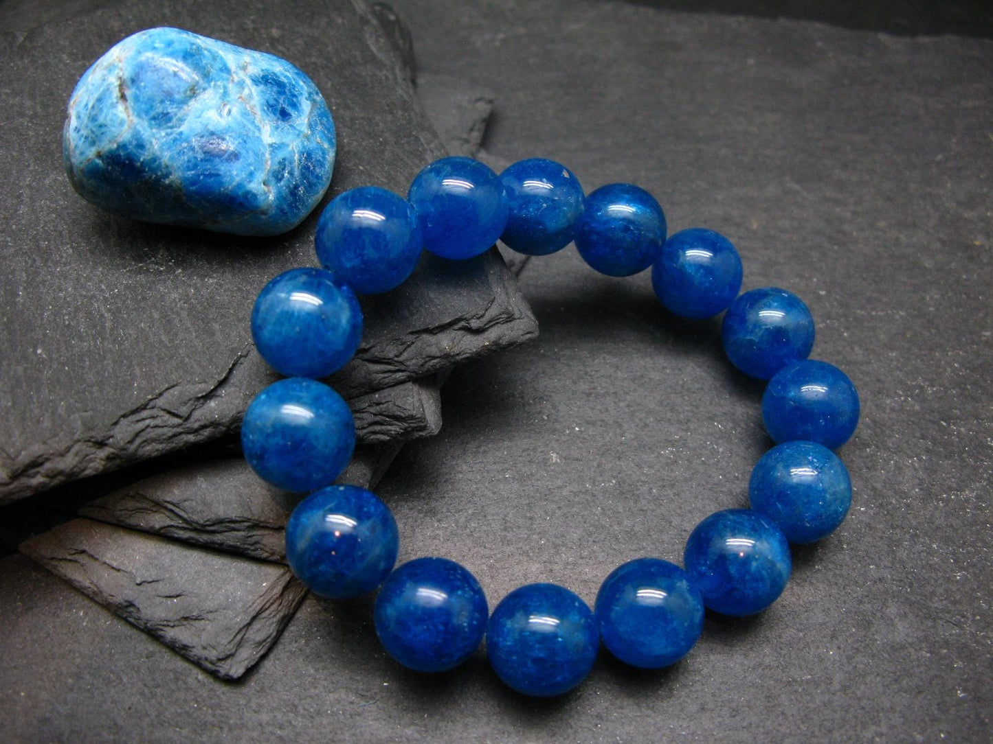AAA Grade Neon Blue Apatite Genuine Bracelet ~ 7 Inches ~ 14mm Round Beads