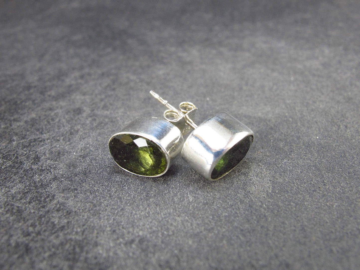 Facetted Moldavite Tektite Stud Earrings in Sterling Silver from Czech Republic - 2.38 Grams