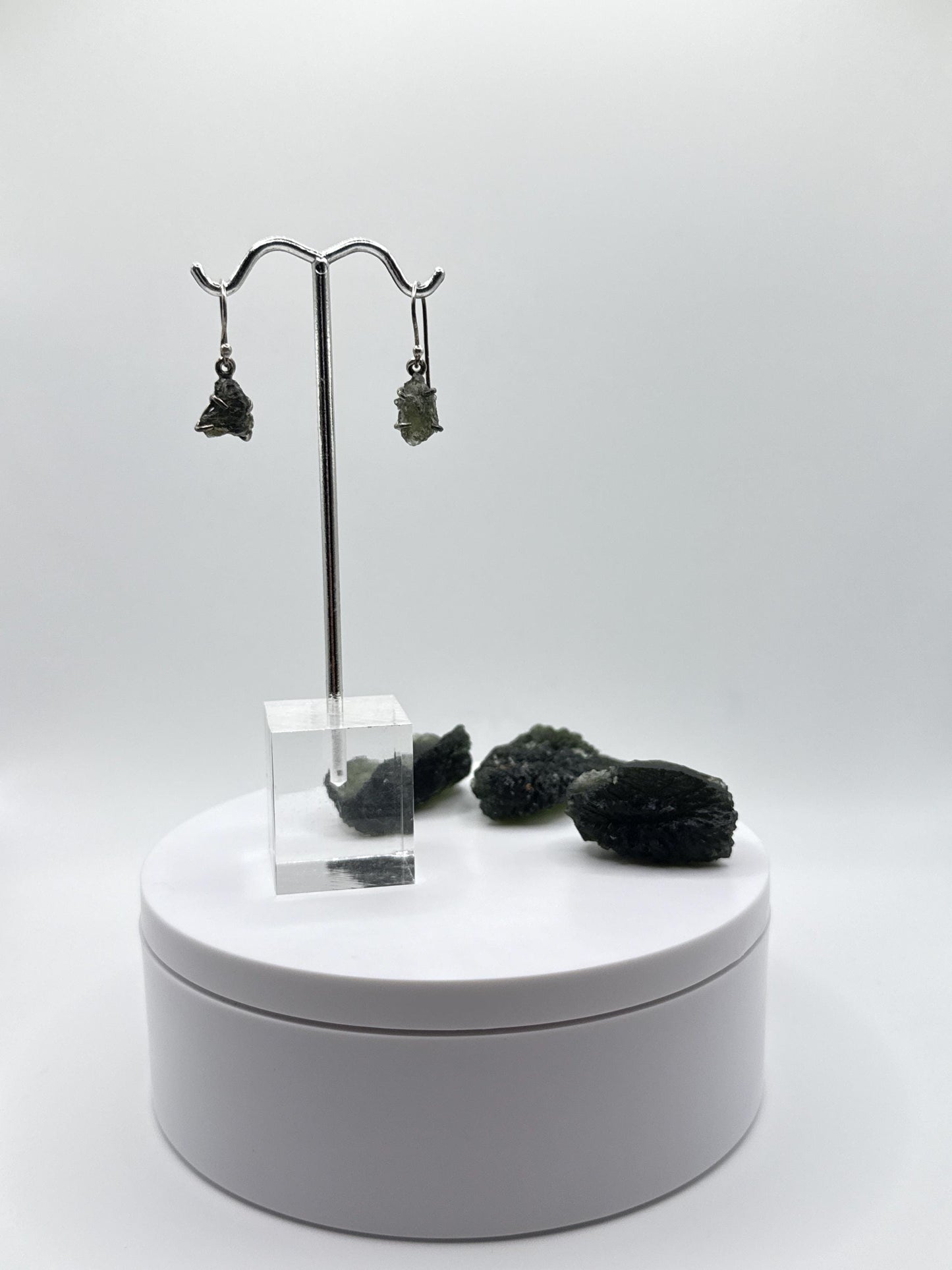 Raw Moldavite Sterling Silver Drop Earrings - Weight 2.37 Grams