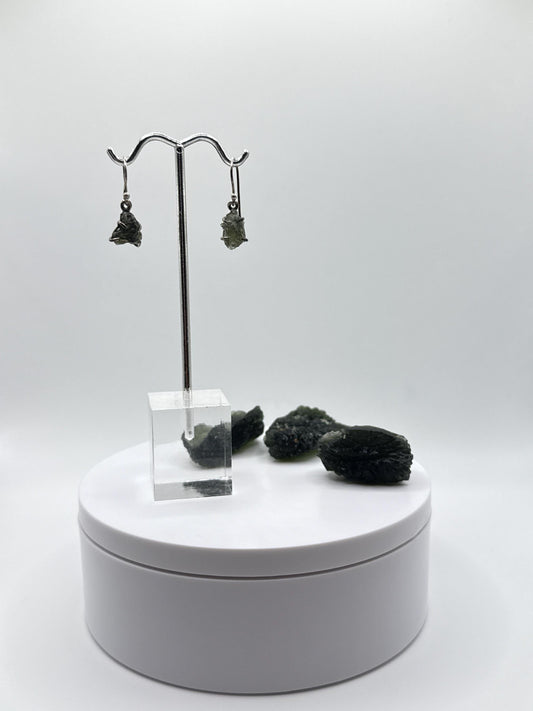 Raw Moldavite Sterling Silver Drop Earrings - Weight 2.37 Grams