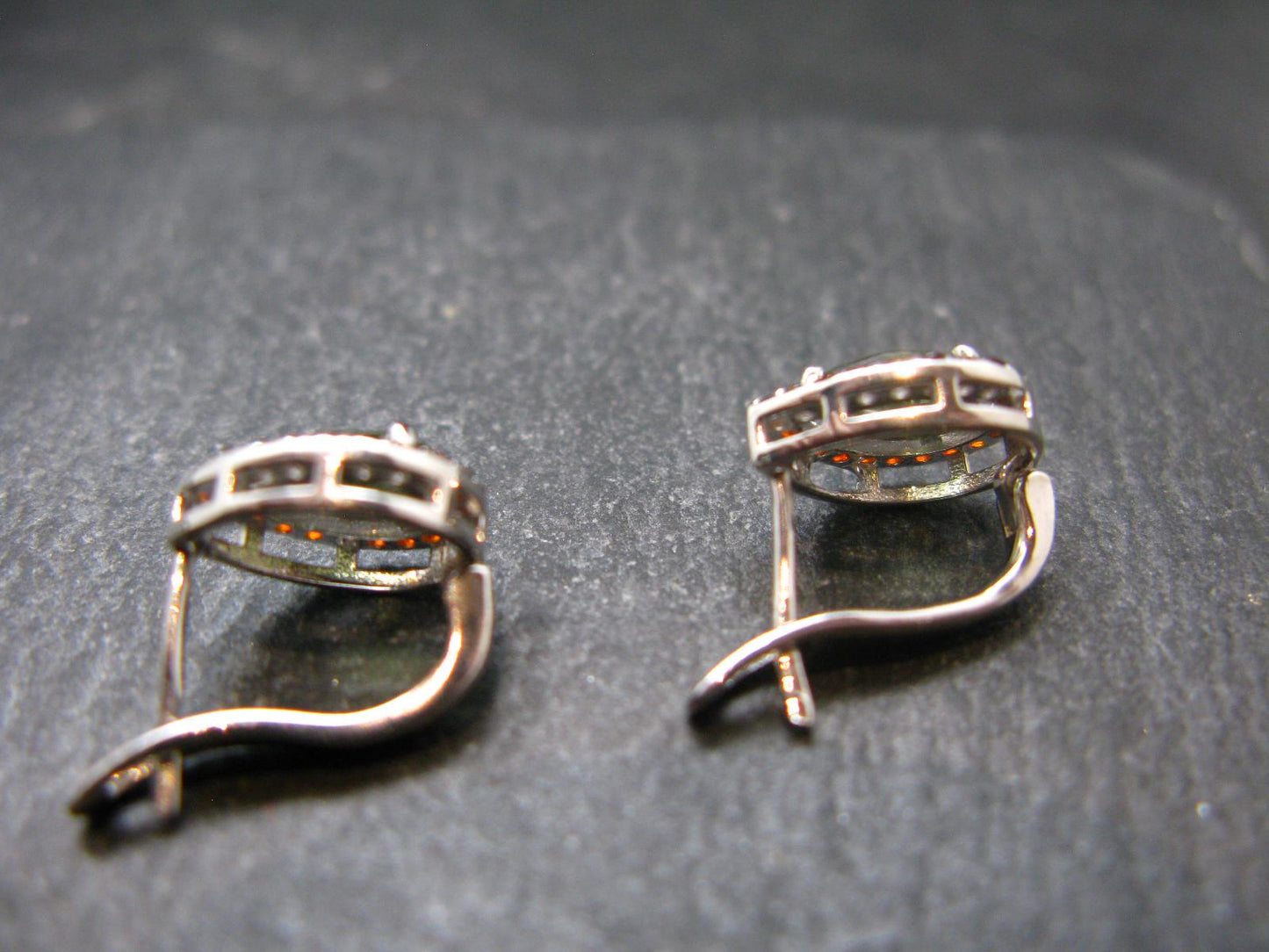 Moldavite Tektite & Red Garnet Silver Earrings from Czech Republic - 2.78 Grams