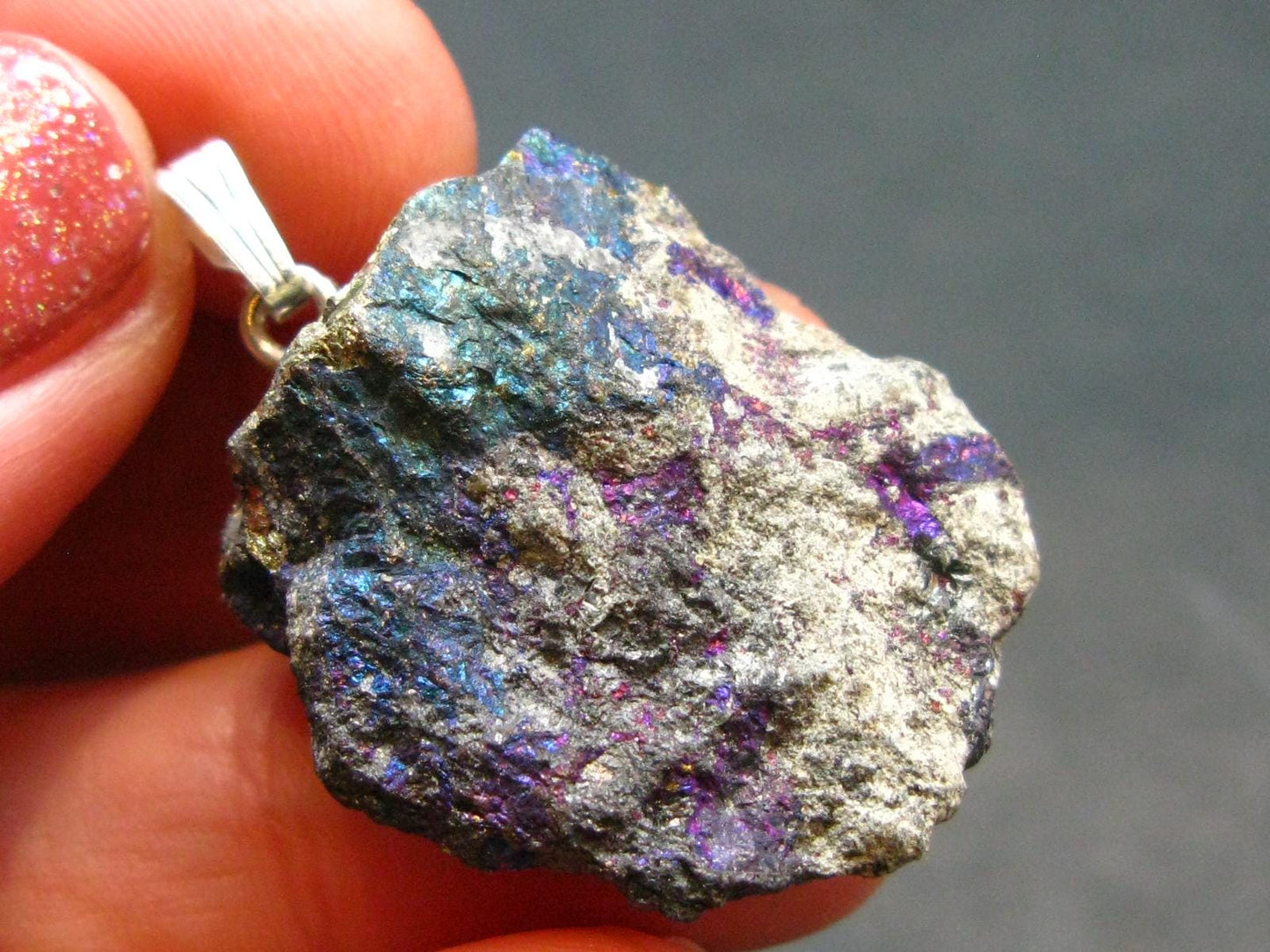 Peacock Ore!! Unusual Natural Raw Chalcopyrite Bornite Silver Pendant from Mexico - 1.4" - 7.72 Grams