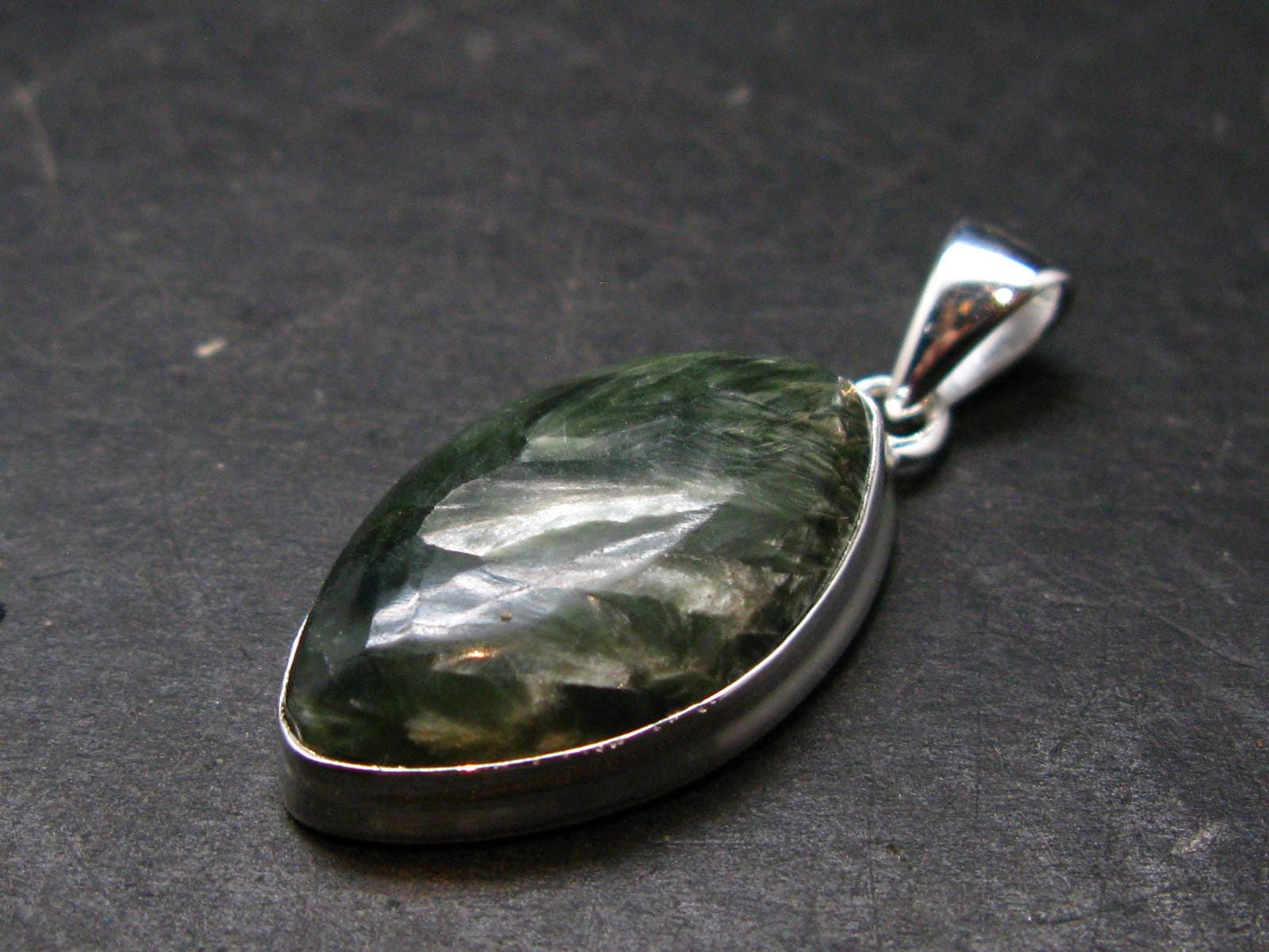 Nice Polished Seraphinite Clinochlore Stalactite Silver Plated Pendant From Russia - 1.5" - 6.11 Grams
