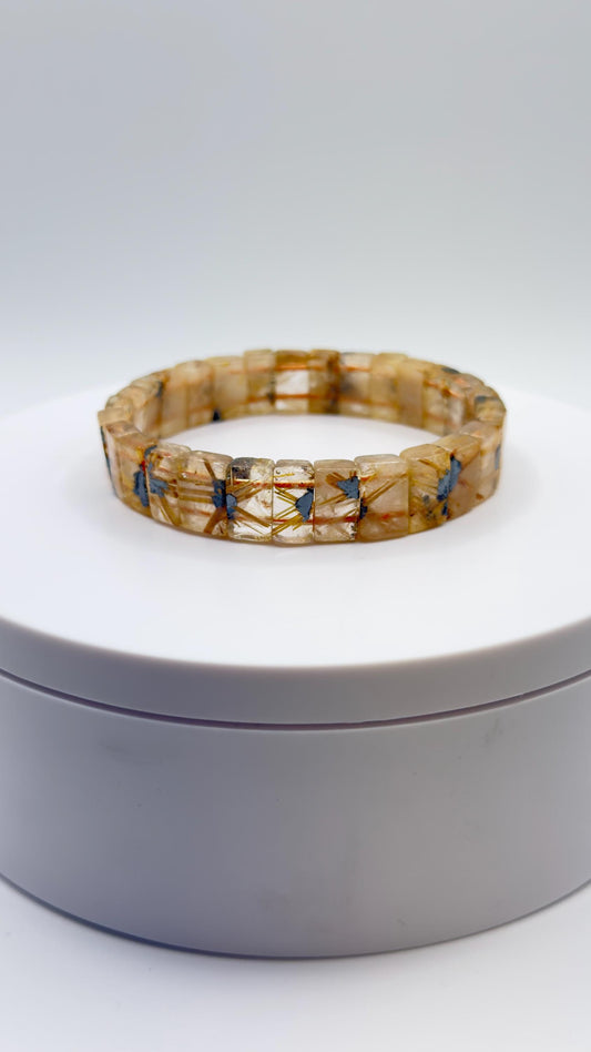 Rutilated Quartz Tile Bracelet – Natural Golden Inclusion Stretch Jewelry