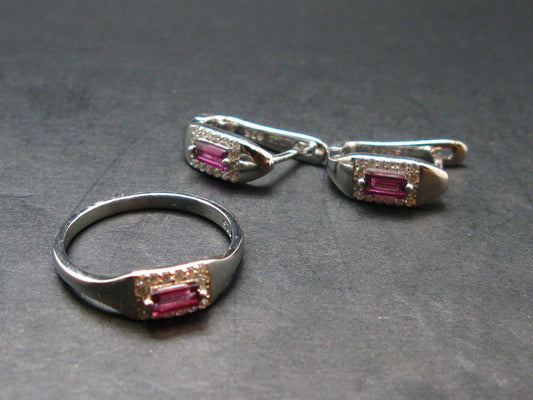 Gem Faceted Purplish Red Garnet Rhodolite Silver Ring With Earrings from Zimbabwe - Size 8 - 6.20 Grams