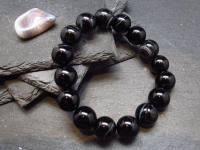 Black Agate Genuine Bracelet ~ 7 Inches ~ 12mm Round Beads