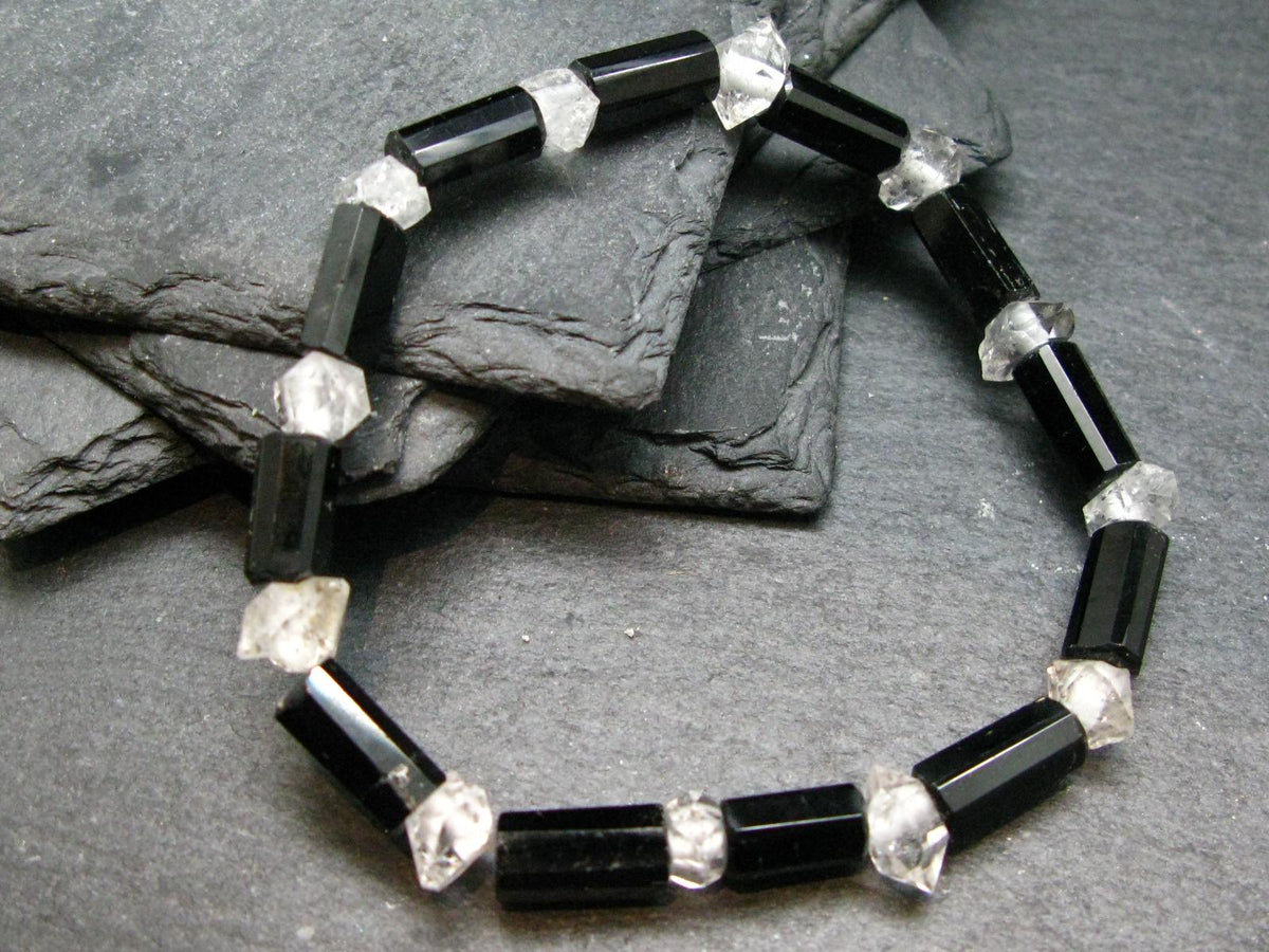 Black Tourmaline & Herkimer Diamond Genuine Bracelet ~ 7.5 Inches ~ 12mm Crystal Beads