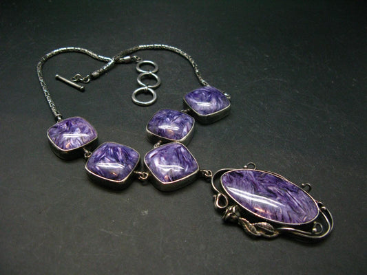 Stunning Six Stones Silky Charoite AAA Quality Sterling Silver Necklace From Russia - 17"