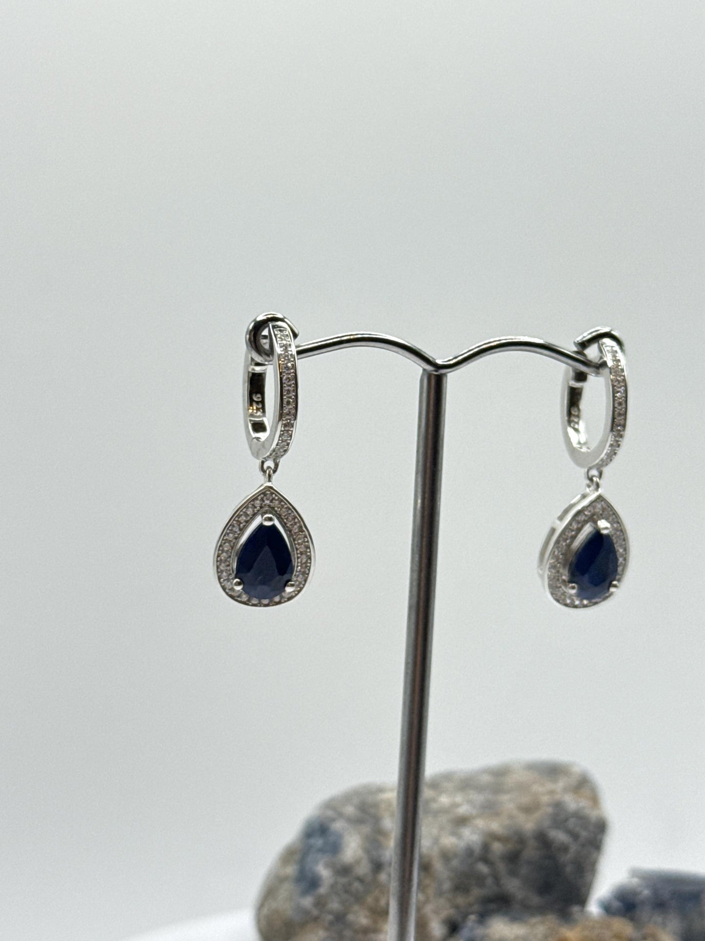 Pear Sapphire Dangle Earrings | Blue Sapphire Halo Earrings | Sterling Silver Drop Earrings | September Birthstone - Weight 5.42 g