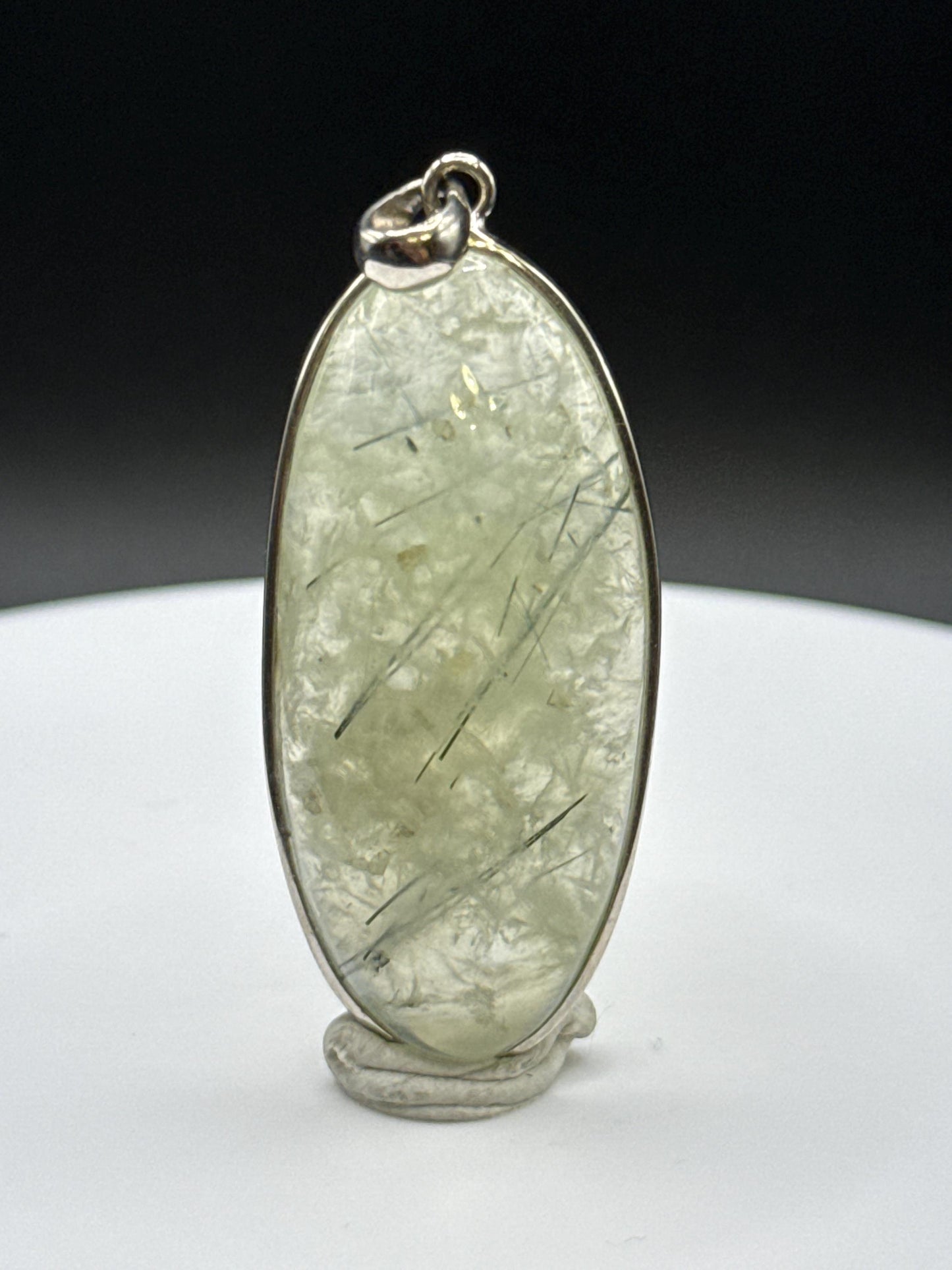 Prehnite Oval Pendant | Tourmaline Inclusions | Sterling Silver Jewelry