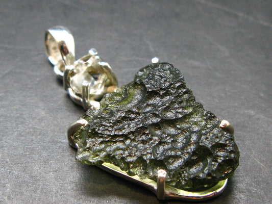 Moldavite & Herkimer Diamond Silver Pendant - 1.7" - 6.6 Grams