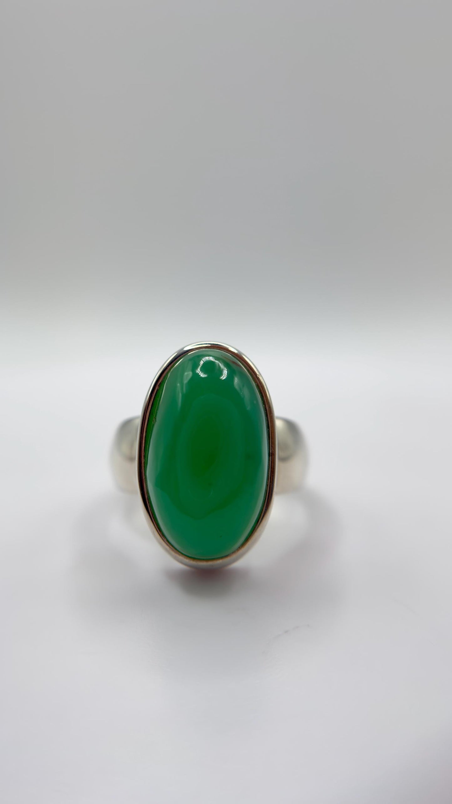 Chrysoprase Oval Ring – Natural Green Chalcedony Sterling Silver Statement Jewelry - Size 8.5