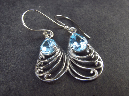 Faceted Natural Sky Blue Topaz Dangle 925 Silver Earrings from Brazil - 1.4" - 2.55 Grams