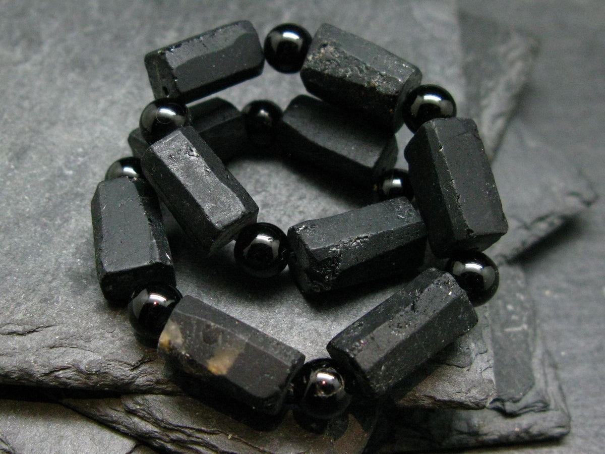 Black Tourmaline Genuine Bracelet ~ 7 Inches ~ 14mm Crystal Beads