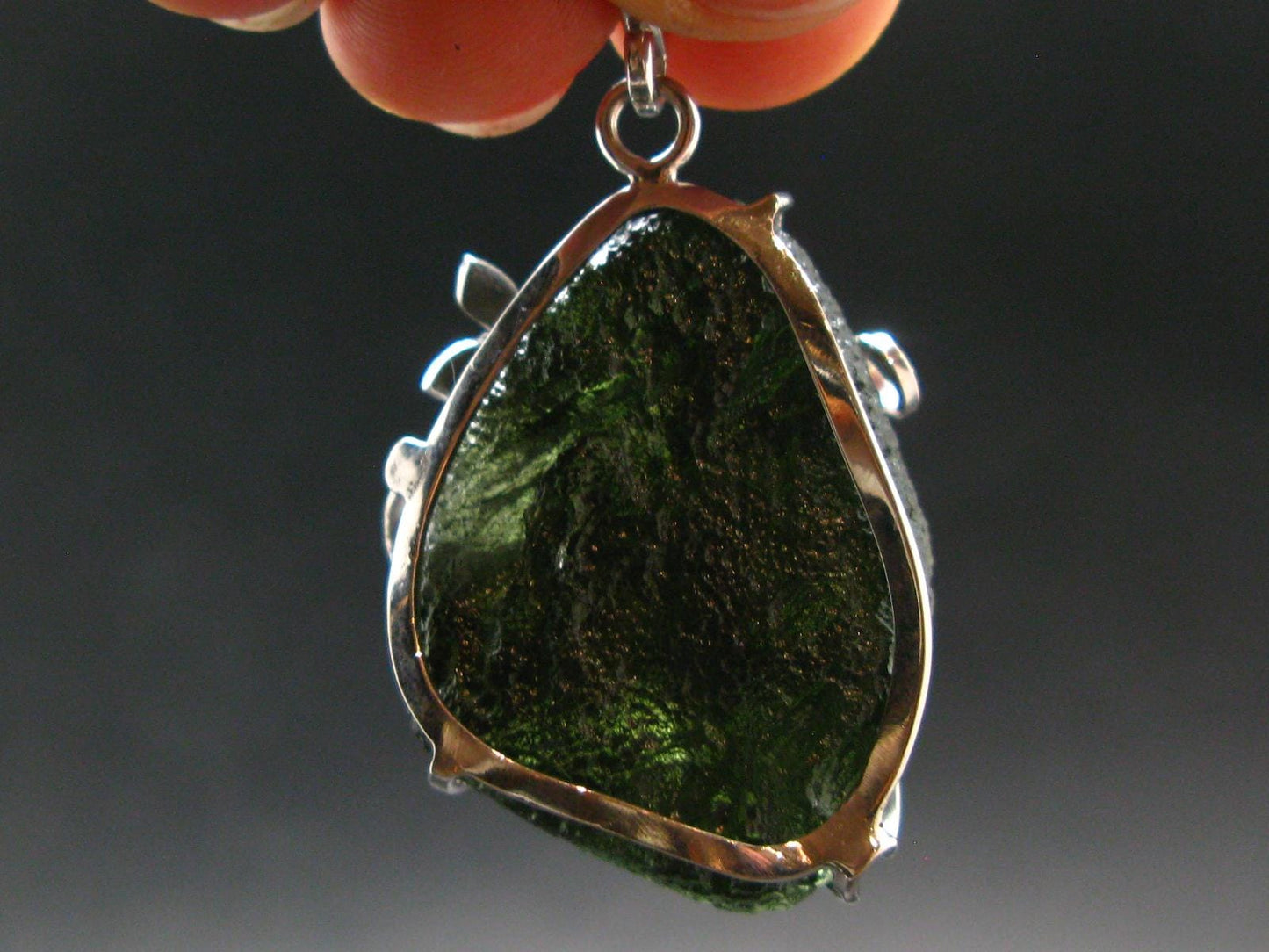 Gem Moldavite Tektite SS Pendant From Czech Republic - 1.8" - 13.1 Grams