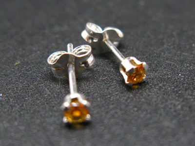 Cute Tiny Gem Round Faceted Golden Yellow Citrine Stud Earrings In Sterling Silver from Brazil - 0.5"