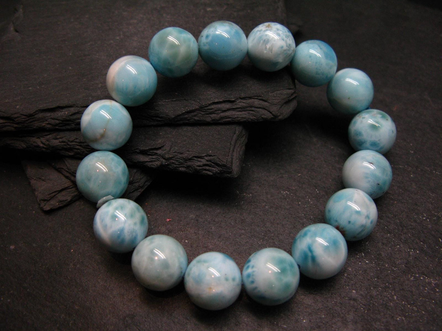 Larimar Genuine Bracelet ~ 7.5 Inches ~ 13mm Round Beads