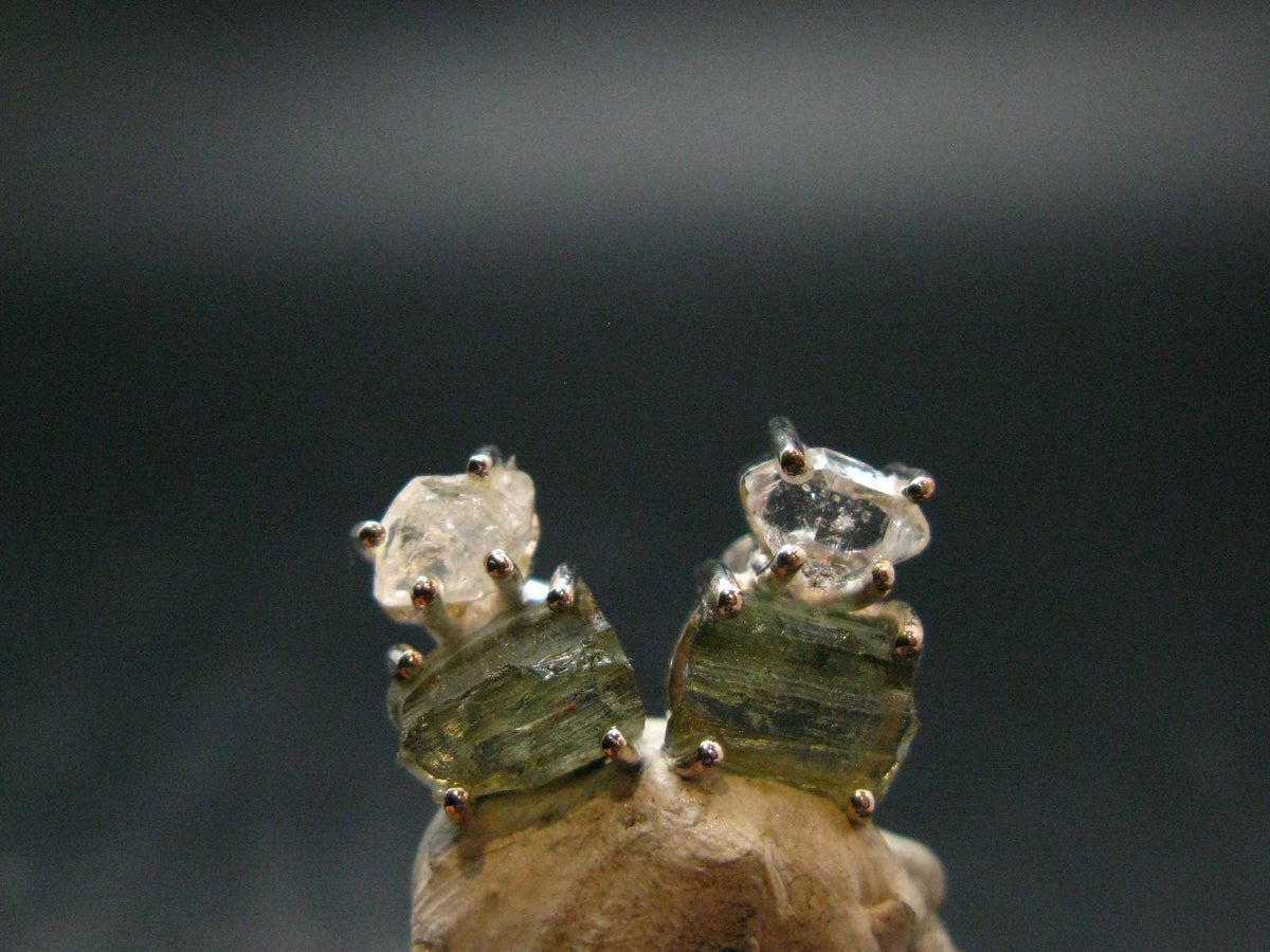 Moldavite & Herkimer Diamond Silver Stud Earrings - 0.6" - 2.53 Grams