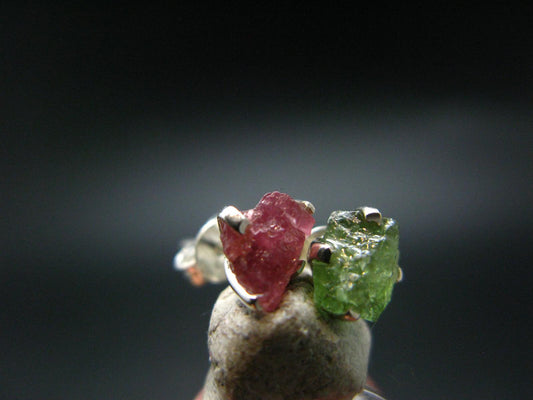 Green & Pink Gem Tourmaline Crystal Silver Studs From Brazil - 0.6"