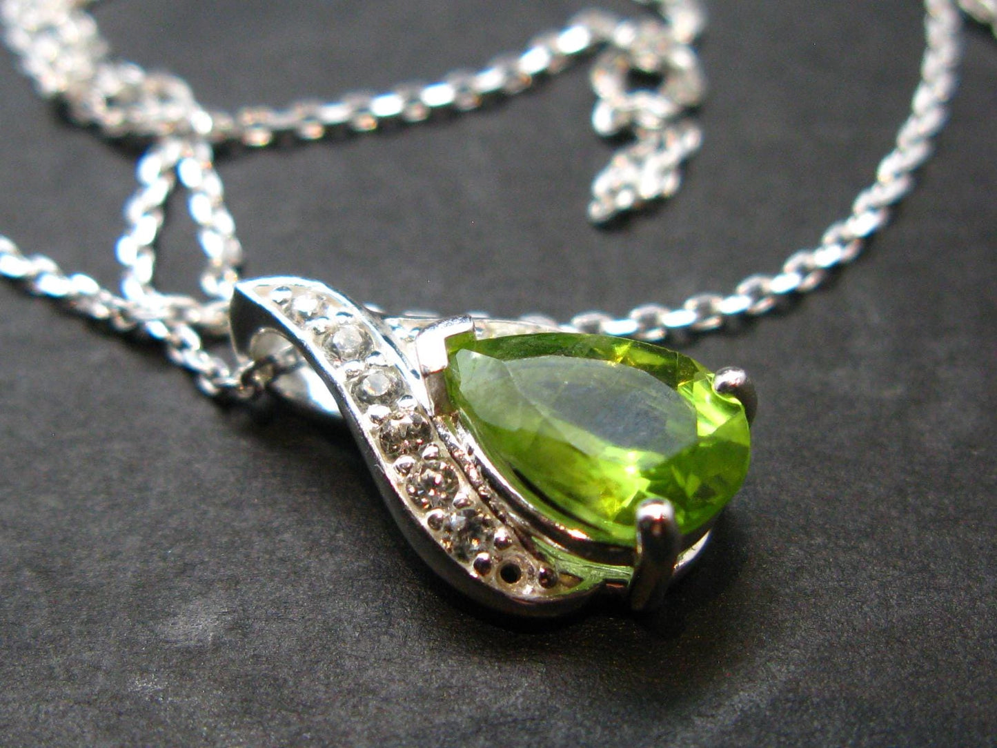 Peridot Olivine Faceted Pendant in SS With CZ Plus Chain From Arizona - 18" - 3.0 Grams