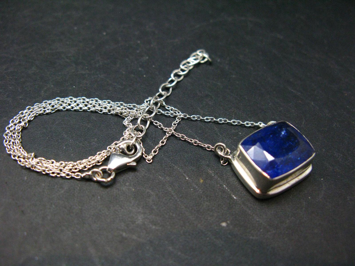 Large Natural Intense Color Faceted Tanzanite Zoisite Sterling Silver Pendant with Silver Chain from Tanzania - 0.4" - 8.16 Grams