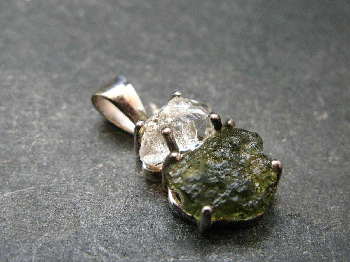 Moldavite & Herkimer Diamond Silver Pendant - 0.9" - 2.38 Grams