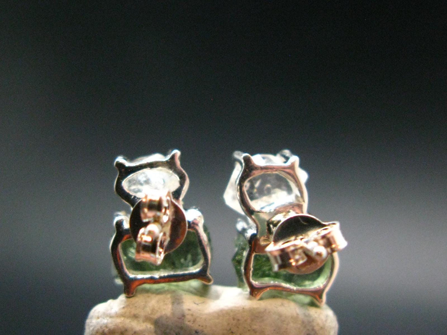 Moldavite & Herkimer Diamond Silver Stud Earrings - 0.7" - 2.55 Grams