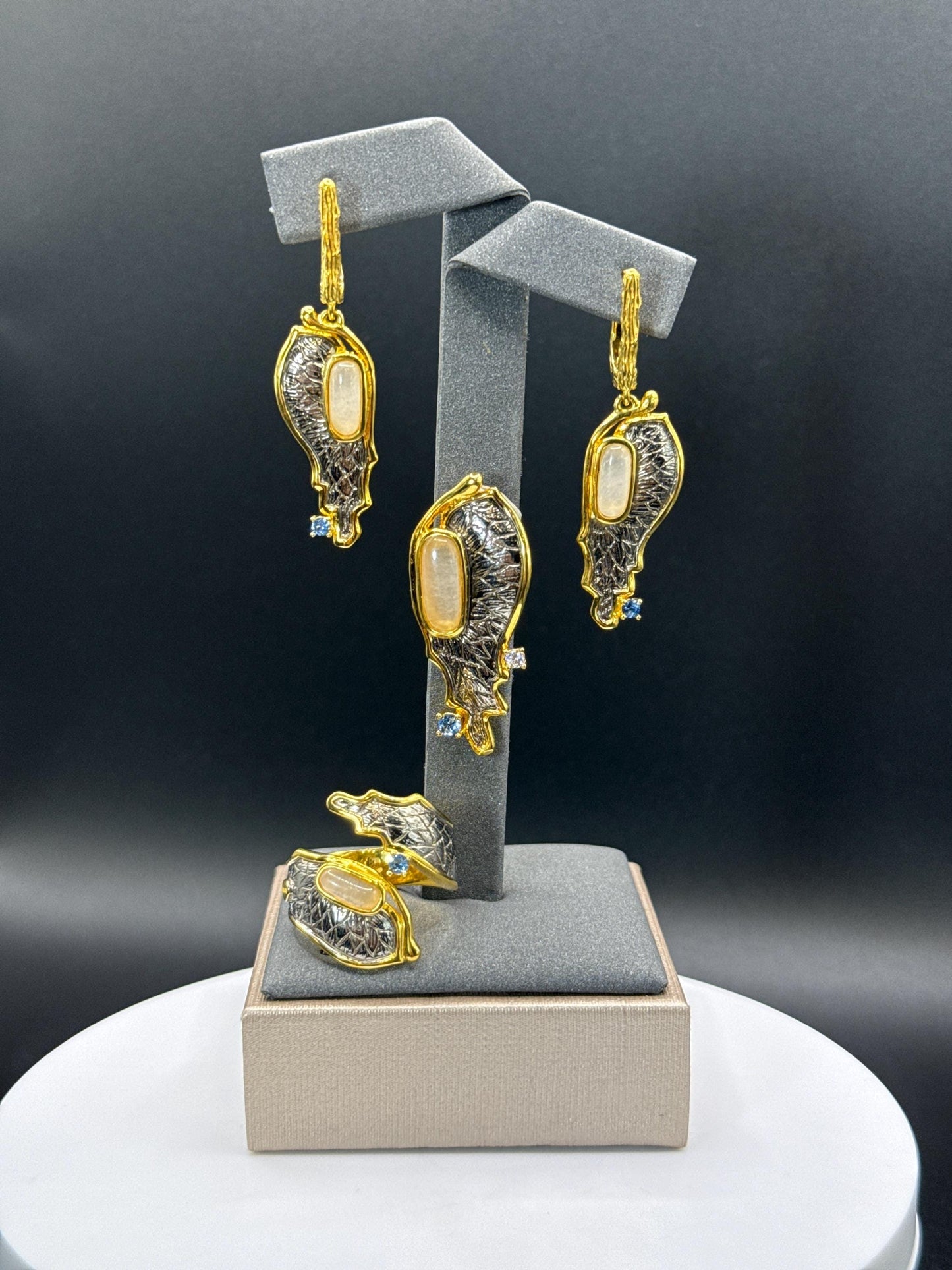 Elegant White Stone Jewelry Set – Pendant • Ring • Earrings