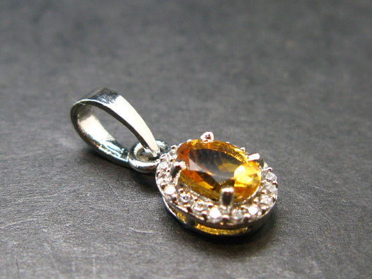 Yellow Citrine Gem Facetted Sterling Silver Pendant From Brazil With CZ - 0.7" - 1.20 Grams