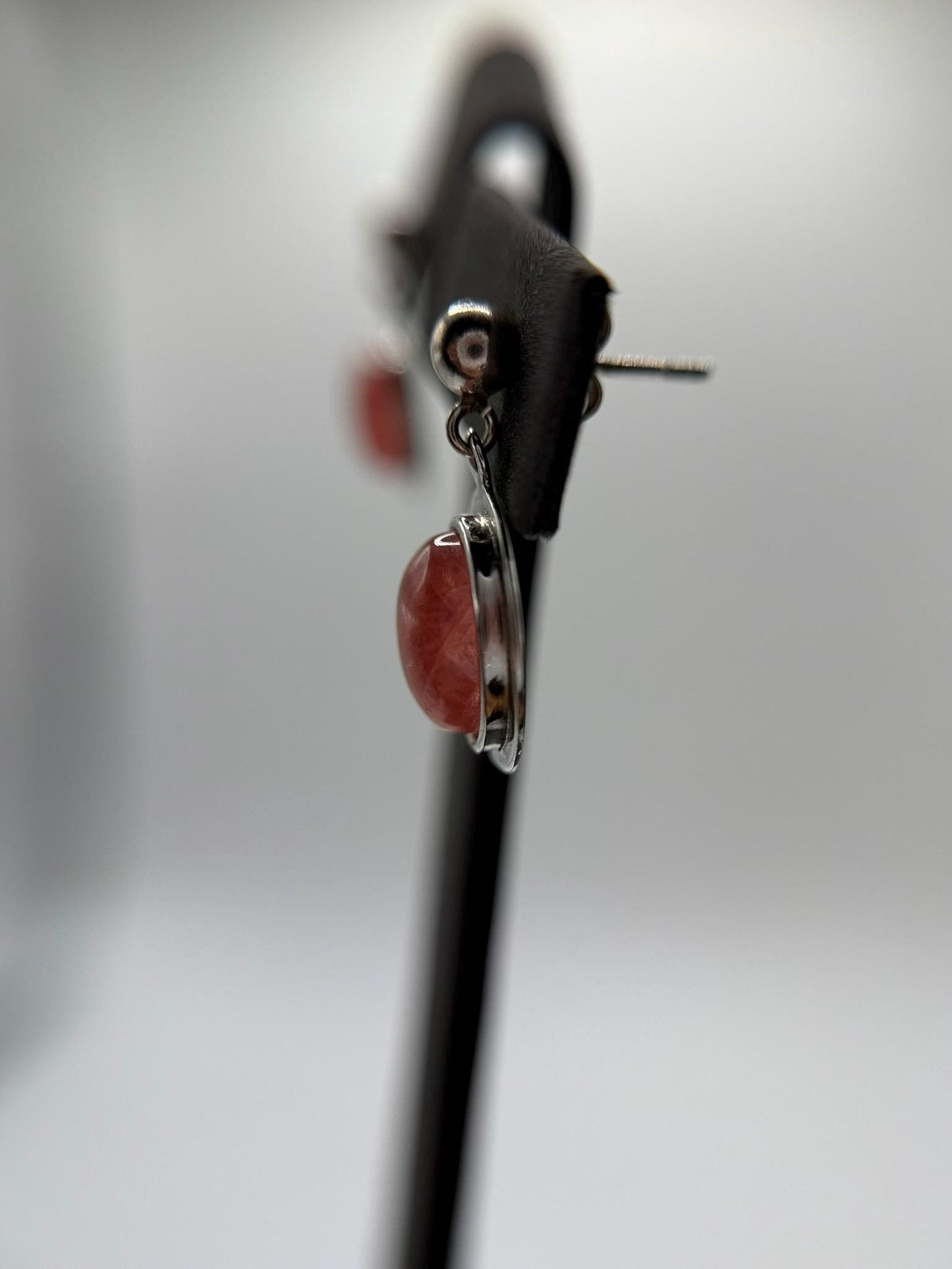 Natural Rhodochrosite Oval Drop Earrings in Sterling Silver | Pink Crystal Earrings