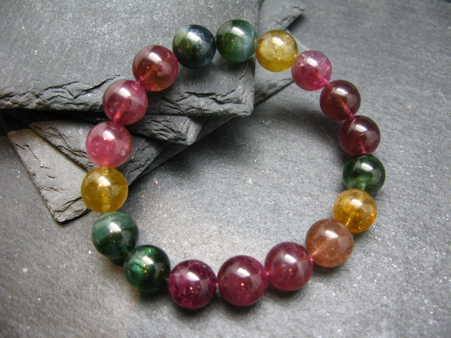 AAA Grade Gem Watermelon Bicolor Tourmaline Genuine Bracelet ~ 7 Inches ~ 12mm Round Beads