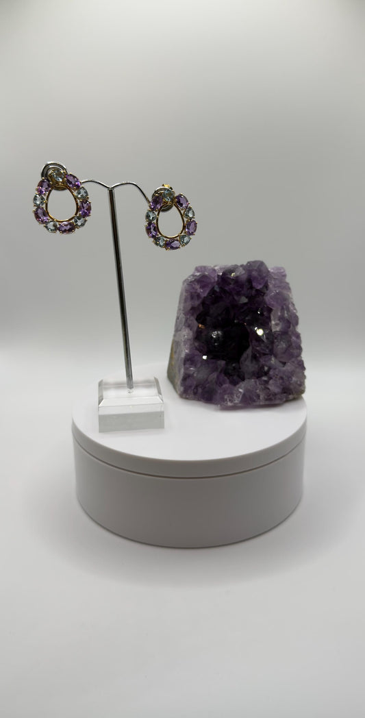 Gold Plated Amethyst Hoop Earrings – Bold Purple & Topaz Gemstone Circle Dangles - Weight 9.13 Grams