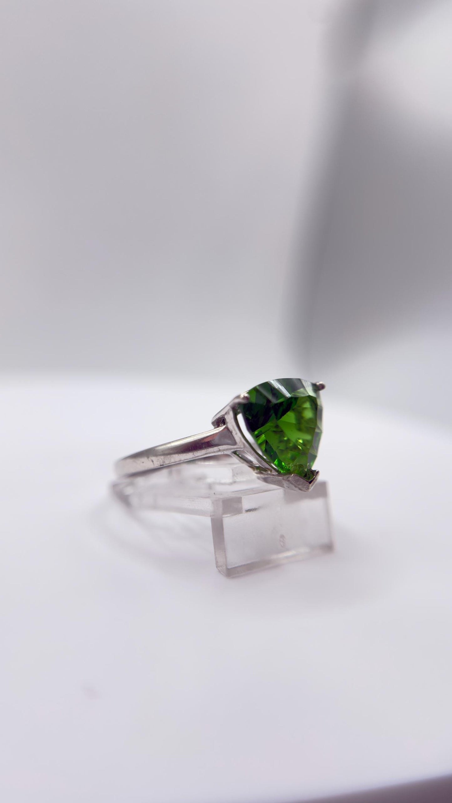 Green Helenite Trillion Cut Ring – Sterling Silver Faceted Gemstone Statement Ring