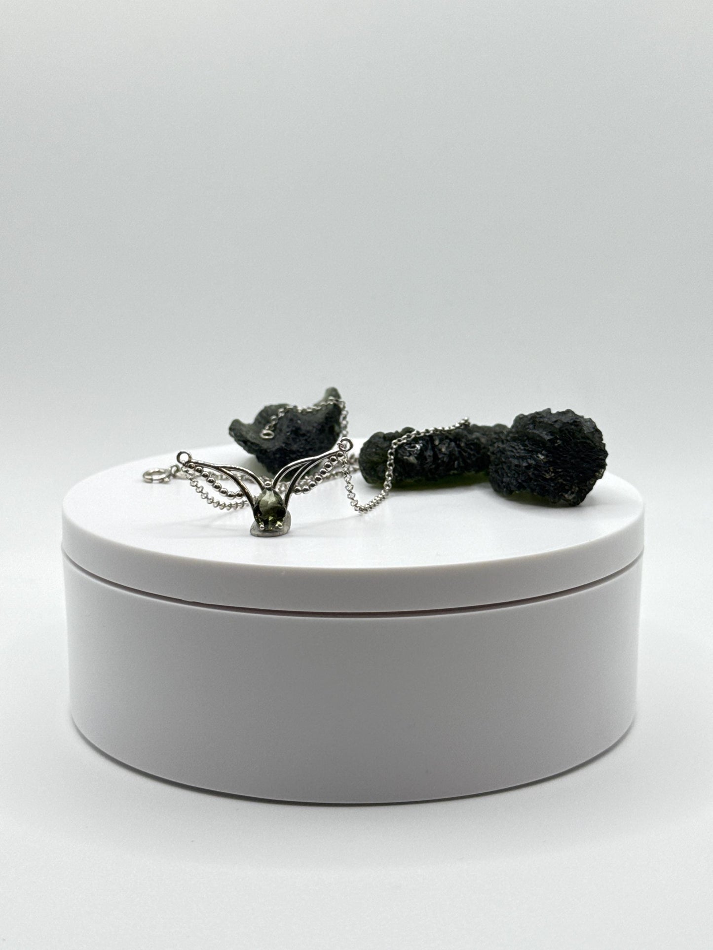 Sterling Silver Moldavite Necklace – Pear-Cut Gemstone with Wing Accents and Beaded Chain - 3.55 Grams