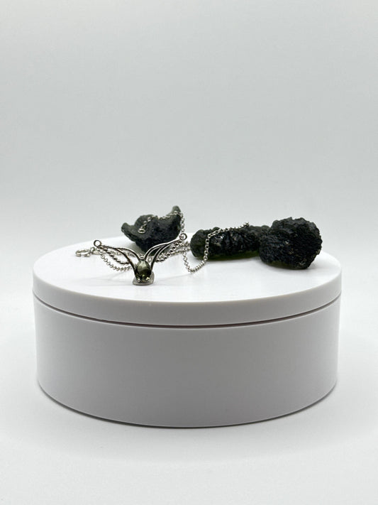 Sterling Silver Moldavite Necklace – Pear-Cut Gemstone with Wing Accents and Beaded Chain - 3.55 Grams