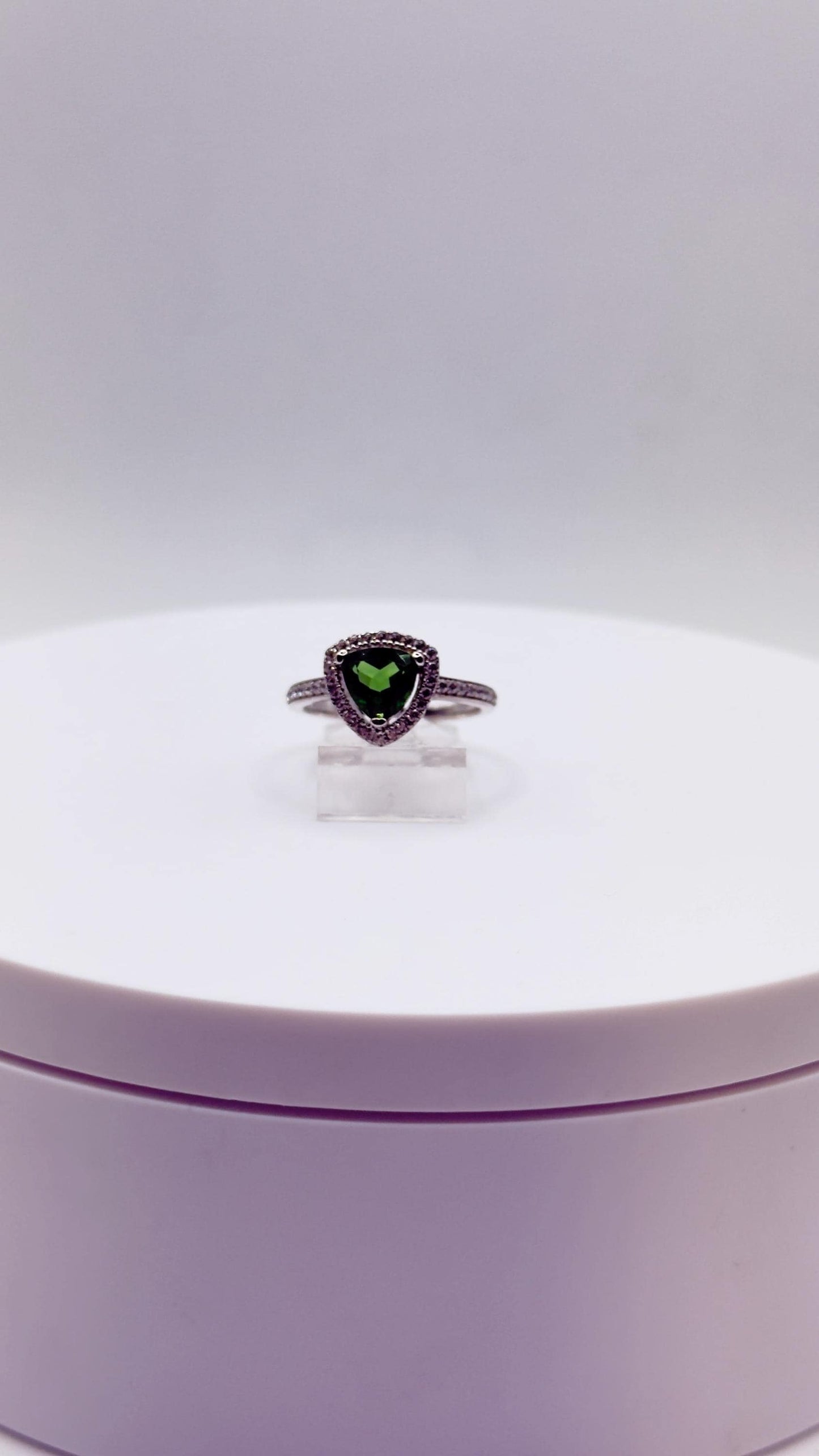 Green Helenite Trillion Halo Ring – Sterling Silver Gemstone Statement Ring