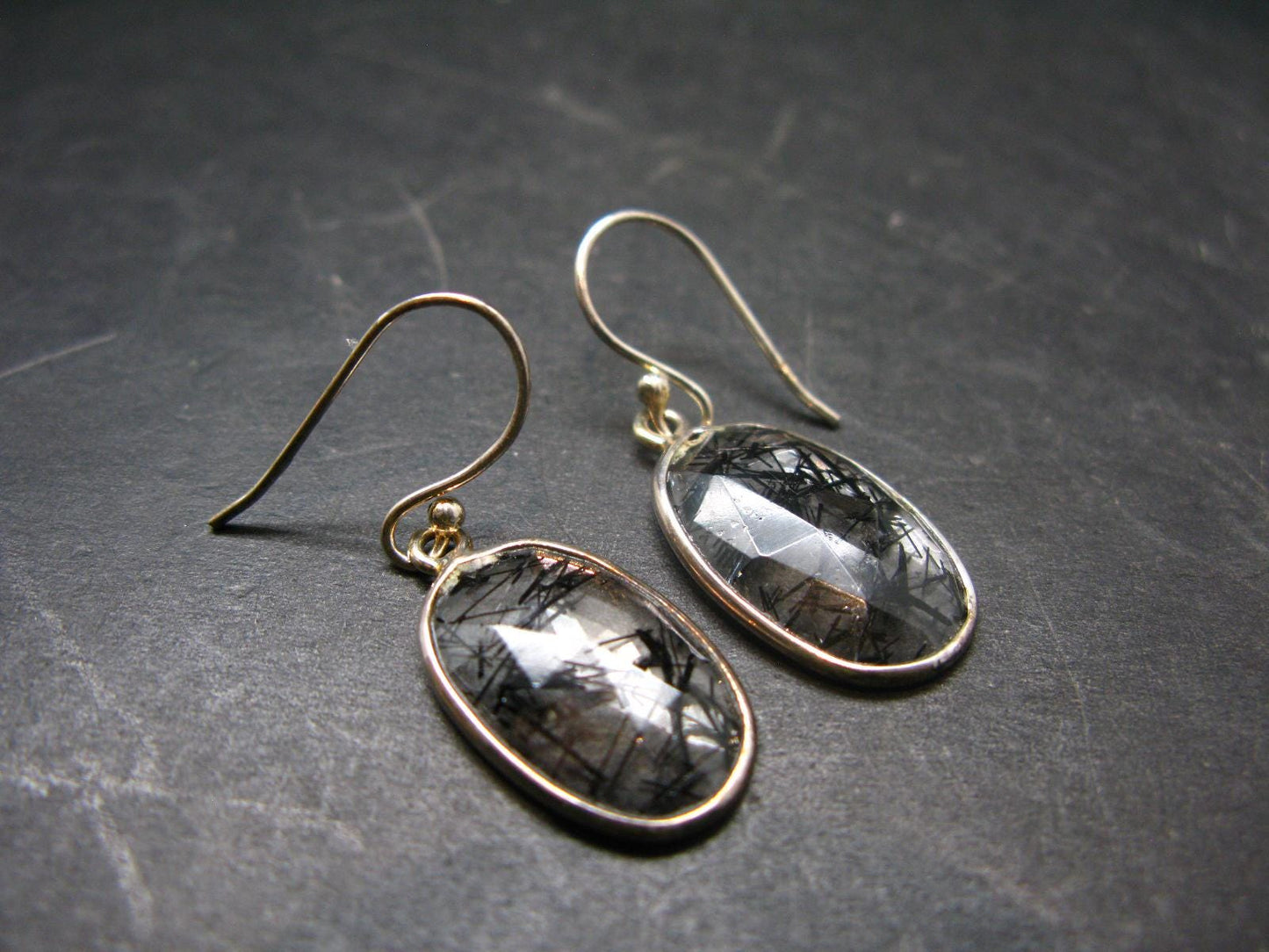 Large Tourmalinated Quartz Crystal Silver Earrings From Brazil - 1.3" - 3.14 Grams