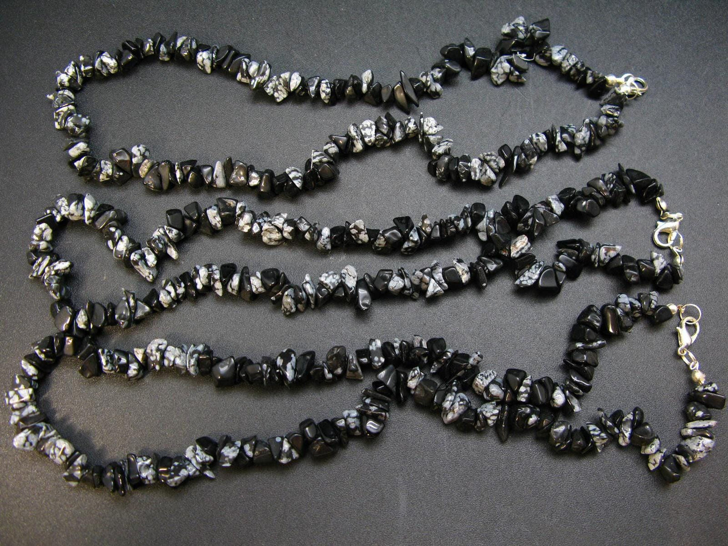 Set of Three Natural Snowflake Obsidian Free Form Bead Necklace from USA - 17.5'' Each