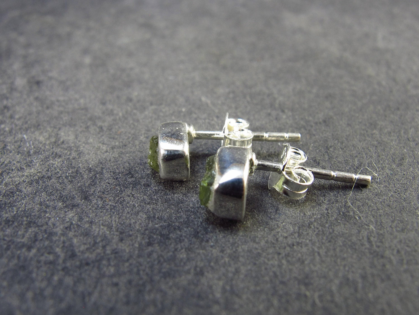 Natural Moldavite Tektite Raw Stud Earrings In Sterling Silver From Czech Republic