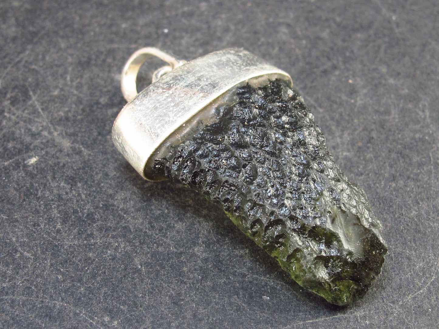 Raw Moldavite Tektite Silver Pendant from Czech Republic - 1.5" - 5.8 Grams
